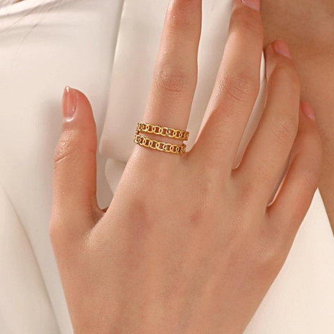Double Layer Chain Ring Stainless Steel Adjustable Open Cuban Link Geometric Fashion Jewelry For Women