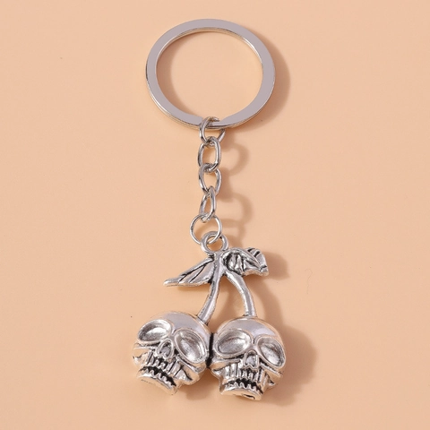 Skull Cherry Keychain Zinc Alloy Gothic Punk Antique Silver Metal Bag Charm Pendant Halloween Accessory