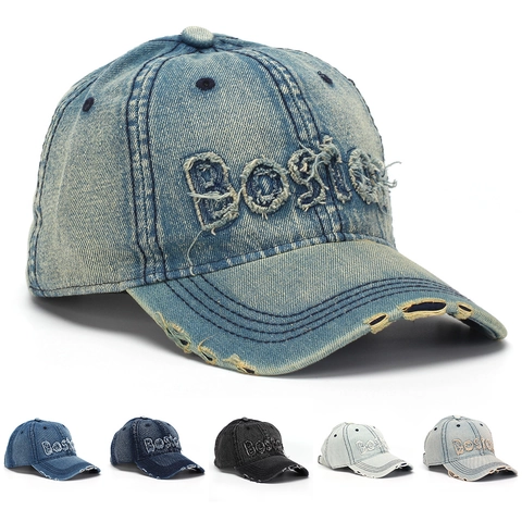 Gorra De Béisbol De Mezclilla Lavada Bordado BOSTON Distressed Vintage Protección Solar Ajustable Streetwear Hombre Mujer