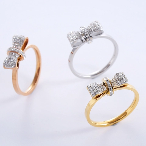 Bow Knot Rhinestone Ring For Women Minimalist Light Luxury 316L Stainless Steel Zircon Inlaid Fashion Jewelry