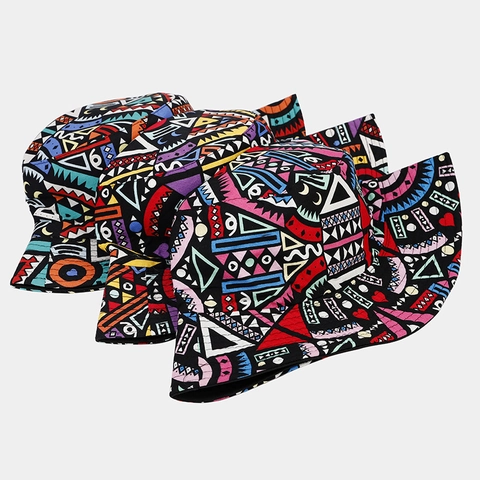 Ethnic Geometric Print Bucket Hat Cotton Reversible Sun Protection Foldable Outdoor Travel Bohemian Style Sun Basin Hat