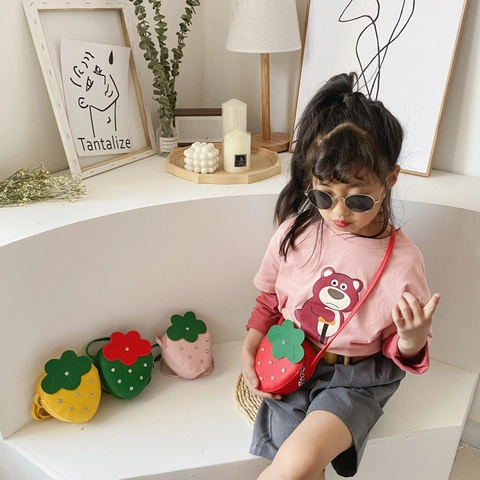 Borsa Tracolla A Forma Di Fragola Per Bambini Simpatica Pelle PU Strass Mini Borsa A Spalla Ragazze Kawaii