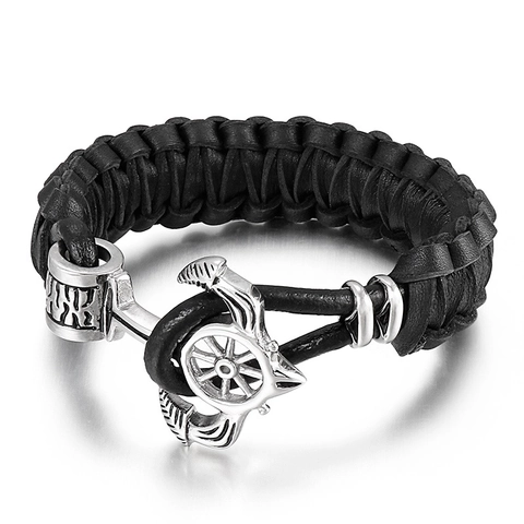 Bracciale Da Uomo In Pelle Intrecciata Con Chiusura A Ancora Teschio In Acciaio Inossidabile Stile Marina Punk Rock