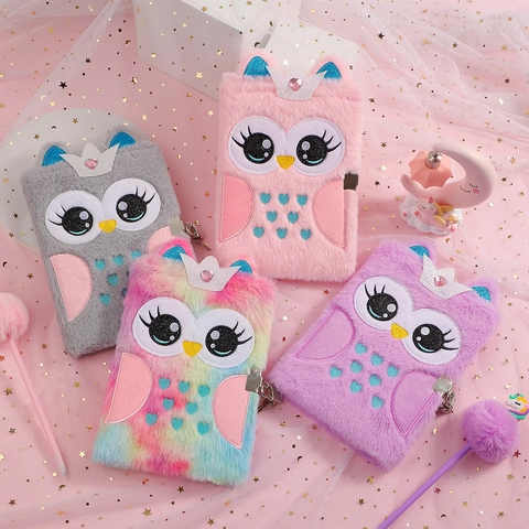 Plush Owl Notebook With Metal Lock And Keys Decorative Crown Furry Writing Diary For Kids Girls Cartoon Secret Journal