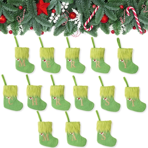 Calza Natalizia in Maglia Verde Con Bordo in Peluche E Ricamo Di Lettere Dorate Ornamento Da Appendere Personalizzato Per Decorazione Festiva Casa