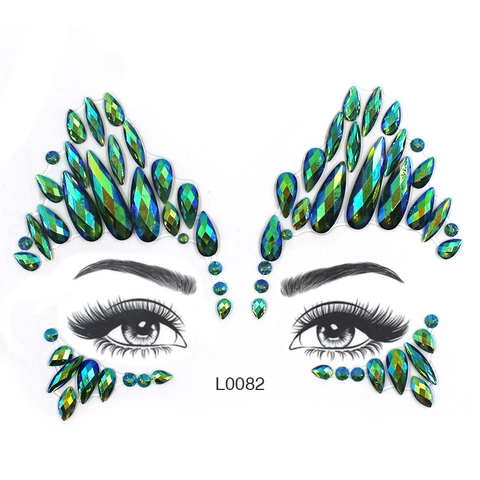 Face Jewels Rhinestone Stickers Iridescent Teal Green Face Gems Temporary Tattoo For Music Festival Party Rave Decoration