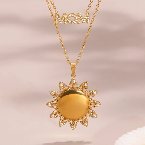 MOM Letter Necklace Sunflower Sunburst Pendant Zircon Stainless Steel 18K Gold Plated Jewelry For Women Gift
