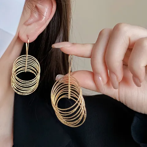 Multi Layer Hoop Earrings With Silver Earring Post Geometric Textured Round Spiral Drop Dangle Modern Elegant For Women