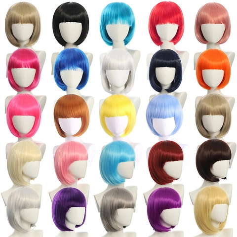 Short Bob Wig With Flat Bangs High Temperature Synthetic Fiber Heat Resistant Straight Hair Cosplay Daily Women