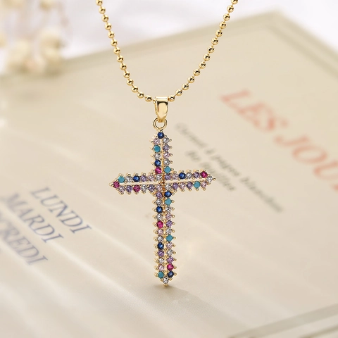 Hip-Hop-Retro Kupfer Gold Plattiert Kreuz Anhänger Halskette Geometrische Zirkonia Eingelegt Bunter Stein Kugelkette Damen Schmuck