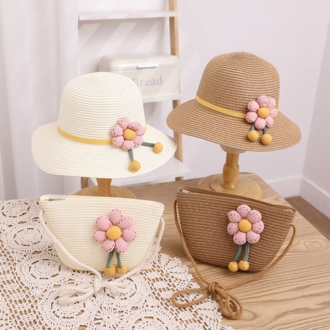 Chapeau De Paille Pour Filles Et Sac Bandoulière Protection Solaire Décor Floral Douce Plage Voyage