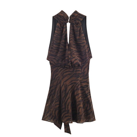 Damen Midi Kleid Mit Tigerprint Halfter Ausschnitt Ärmellos Wickel Polyester Chiffon Mode Sexy Party