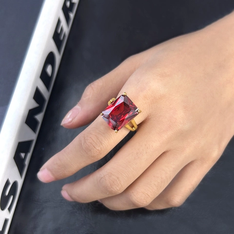 Vintage Large Rectangle Zircon Ring Stainless Steel Gold Plated French Style Exaggerated Statement Jewelry For Women