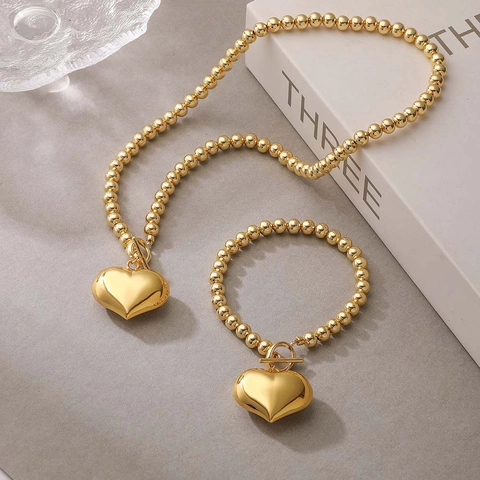 Retro Kupfer Rundperle Herz Schmuck Für Damen Gold Silber Galvanisiert OT Verschluss Halskette Armband Mode Accessoire Geschenk