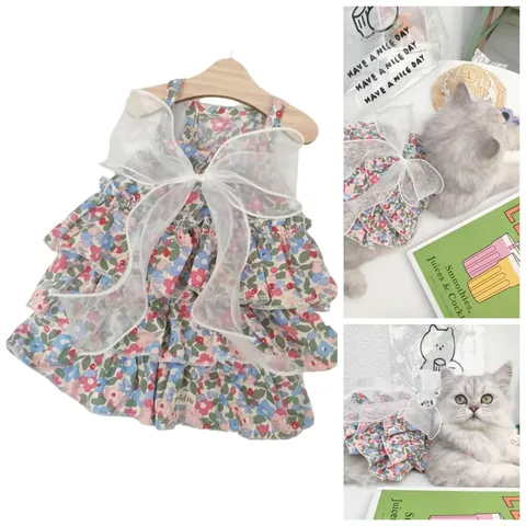 Robe Florale Pour Animaux De Compagnie Dentelle Maille Chat Chien Vêtements Sans Manches Noeud Princesse Été Fête Costume