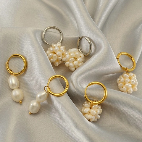 Stainless Steel 18k Gold Plated Hoop Earrings With Artificial Baroque Pearl Dangle French Style Vintage For Women