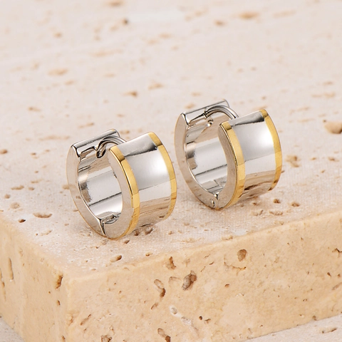 Orecchini A Cerchio Huggie In Acciaio Inossidabile Bicolore Oro Argento Geometrici Lucidi Gioielli Di Moda Minimalista