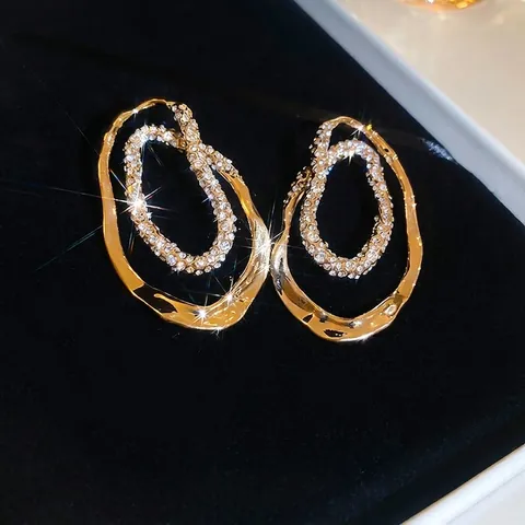 Onregelmatige Dubbele Ring Oorbellen Legering Strass Sieraden Met 925 Sterling Zilveren Oorsteker Chic Luxe Voor Dames