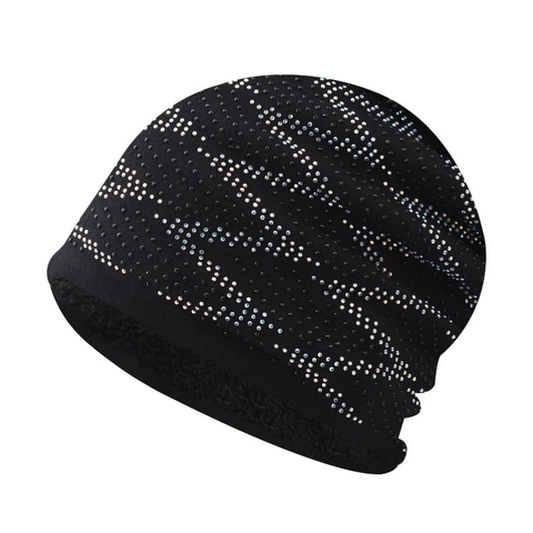 Women Winter Knitted Beanie Hat With Rhinestone Plaid Pattern Fleece Lined Warm Windproof Soft Skull Cap