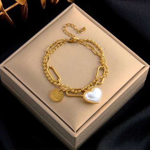 Double Layer Stainless Steel Bracelet With Faux Artificial Pearl Heart Pendant And Engraved Round Tag For Women Gold Color