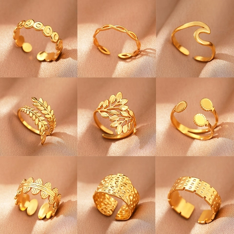 Bohemian Stainless Steel Open Rings For Women Adjustable Geometric Hollow Out Fashion Jewelry Aesthetic Gift