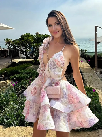 Bloemenprint Mini Jurk Diepe V Hals Gelaagde Ruches Rugloos Vakantie Feest Elegant Mouwloos Voor Dames Bloemen Decoratie