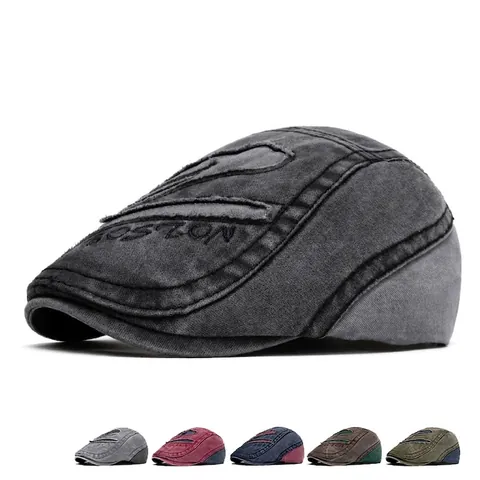 Men Retro Flat Cap Washed Cotton Denim Distressed Ripped Holes Adjustable British Style BOSTON Embroidery