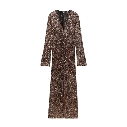 Pailletten Maxi Jurk Lange Mouwen Diepe V Hals Schoudervullingen Geplooid Zijsplit Champagne Goud Elegant Feest Avond Bodycon