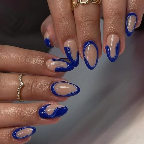 Blue Ripples Press On Nails 3D Wave Design Almond Shape Glossy ABS Artificial False Finger Nails Elegant Manicure Tool
