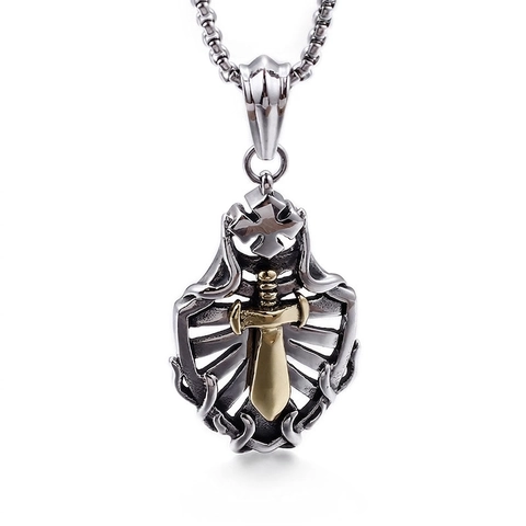 Collana Con Pendente Da Uomo Acciaio Inossidabile Gotico Scudo Spada Croce Hip Hop Punk Gioielli Retro Argento Oro