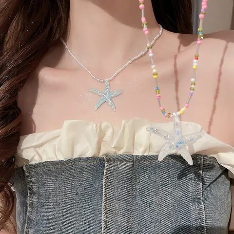 Colorful Beaded Necklace With Resin Starfish Pendant Daisy Flower Summer Beach Vacation Style Sweet Jewelry For Women