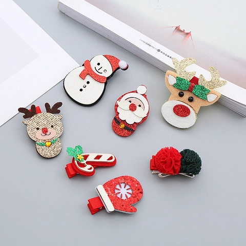 Christmas Hair Clips Glitter Felt Santa Reindeer Snowman Cane Glove Handmade Festival Hairpins Kids Girls Party Accessories