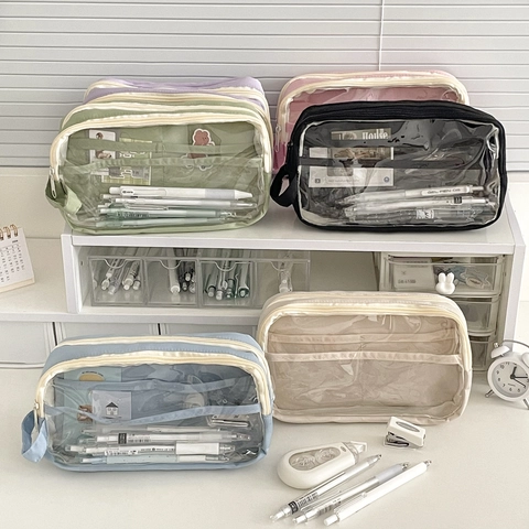 Etui Met Grote Capaciteit Nylon Canvas Met Transparant PVC Venster Meerlaagse Draagbare Schrijfwaren Tas Student School