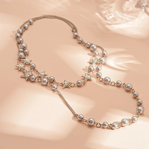 Collana Lunga A Strati In Lega Con Ciondolo A Stella E Künstliche Perle Di Imitazione Grigie Gioielli Di Moda Per Donna