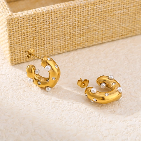 Pendientes De Aro En Forma De C Acero Inoxidable Chapado En Oro De 18K Perla Artificial Zirconia Cúbica Estilo Ins Exagerado Para Mujeres