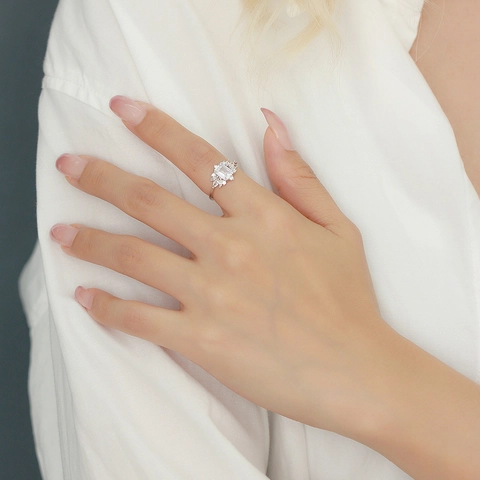 Emerald Cut Zircon Ring 925 Sterling Silver Marquise Accent Wedding Engagement Jewelry For Women Elegant Platinum Plated