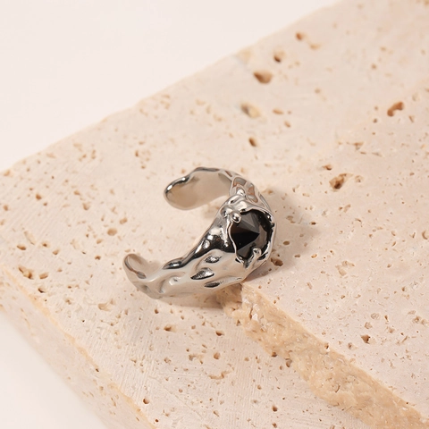 Molten Lava Texture Adjustable Ring Stainless Steel With Black Zircon Irregular Design For Women Minimalist Cold Style