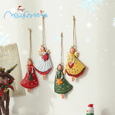 Christmas Hanging Ornaments Retro Iron Metal Angel Pendants And Bells Hand Painted Xmas Tree Decoration Festive Holiday