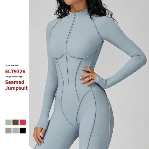 Tuta Sportiva Donna Manica Lunga Nylon Spandex Mezza Zip Collo Alto Fori Per Pollici Slim Fit Yoga Fitness Palestra