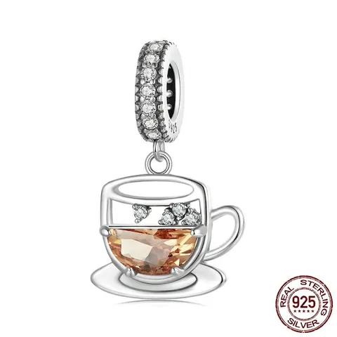 Charm Tazza Di Caffè 925 Argento Sterling Pietra Ambra Zirconia Pendente Tè Pomeridiano Per Bracciale Gioielli Donna