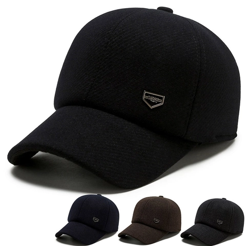 Men Winter Woolen Baseball Cap Warm Fleece Lined With Hidden Ear Flaps Outdoor Casual Hat Metal Sport Logo Gift For Dad