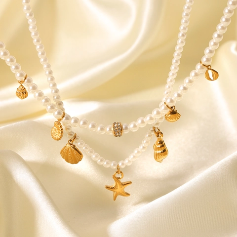 Collar Con Colgante De Concha Y Estrella De Mar Acero Inoxidable Perla Artificial Simulada Joyería Náutica Impermeable Para Mujer