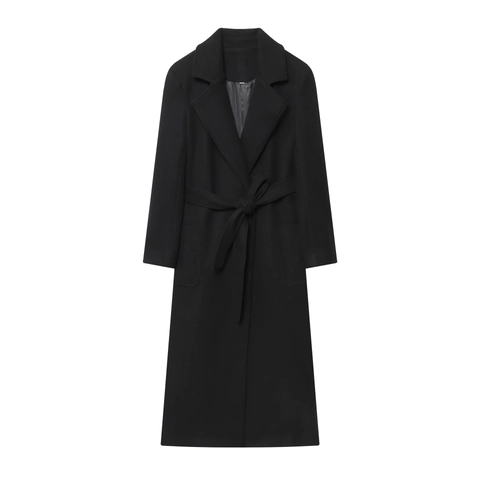 Women Long Wool Blend Overcoat Belted Notch Lapel Solid Color Pocket Trench Coat Outerwear Elegant Casual Warm Winter