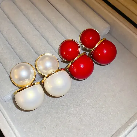 Double Ball Earrings With Silver Earring Post Copper Imitation Shell Beads Geometric Retro Fashion For Women