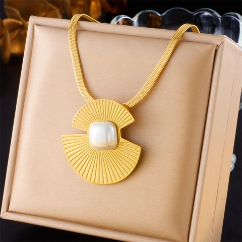 Collar Con Colgante De Abanico Acero Inoxidable Chapado En Oro Con Perla Artificial Forma De Concha Joyería Para Mujeres