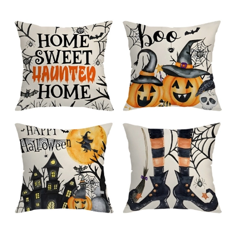 Halloween Kussenslopen Vierkant Polyester Linnen Decoratieve Kussenhoezen Voor Bank Sofa Huisdecoratie Heks Pompoen Spook Prints