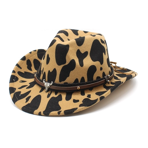 Chapeau De Cowboy Western Large Bord Imprimé Vache Feutre De Laine Fedora Vintage Avec Bande En Cuir Crâne De Taureau