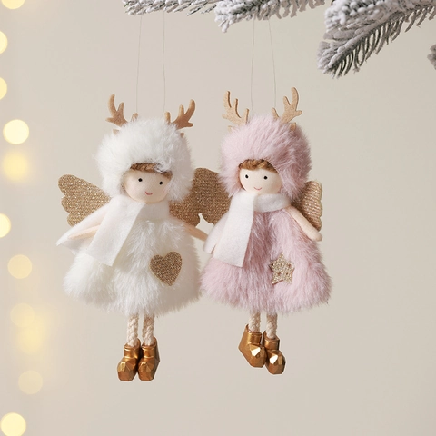 Christmas Angel Reindeer Plush Ornaments With Sequin Wings Faux Fur Reindeer Antlers Dolls For Tree Decoration