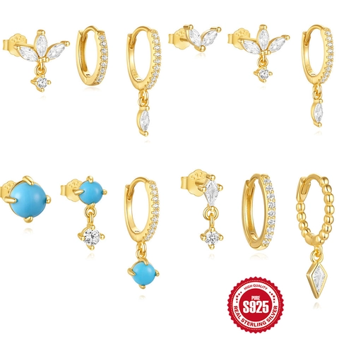 Marquise Zircon Turquoise Earrings 925 Sterling Silver Gold Plated Geometric Hoop Stud Jewelry For Women Elegant Classic