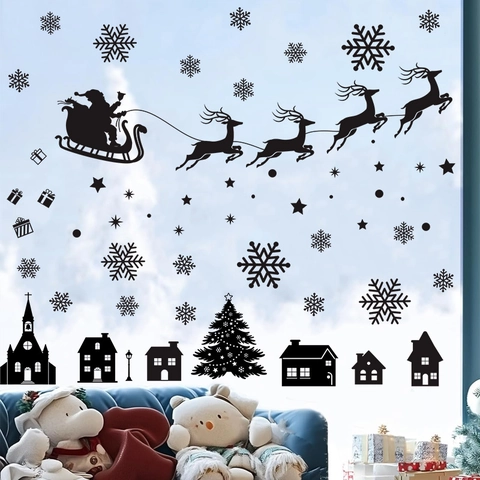 Christmas Wall Stickers Santa Reindeer Sleigh Silhouette Window Decals PVC Self Adhesive Removable Xmas Home Decor
